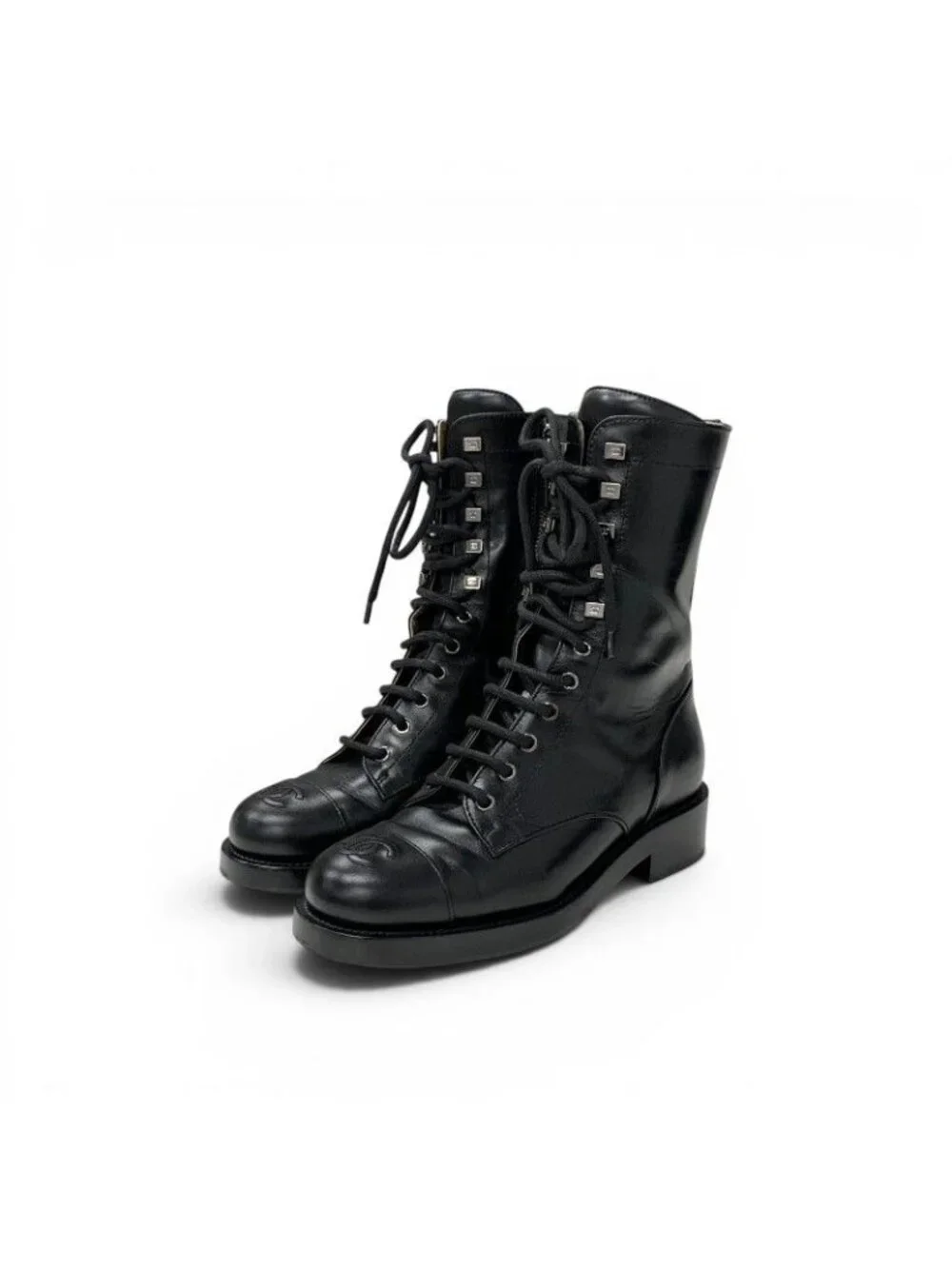 Chanel Boots Short Shoes Leather Black Silver CC Logo Lace